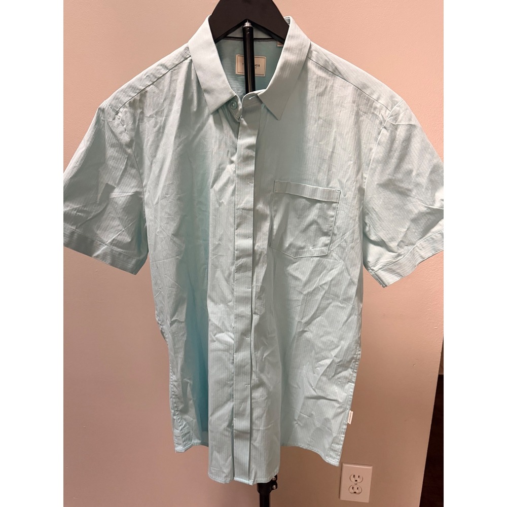 7 Diamonds Mens Short Sleeve Button Down Shirt Aqua Blue Textured‎ Stripe Size M